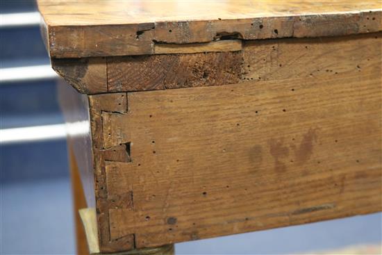 A 19th century burr elm console table with brass mounts W.113cm.